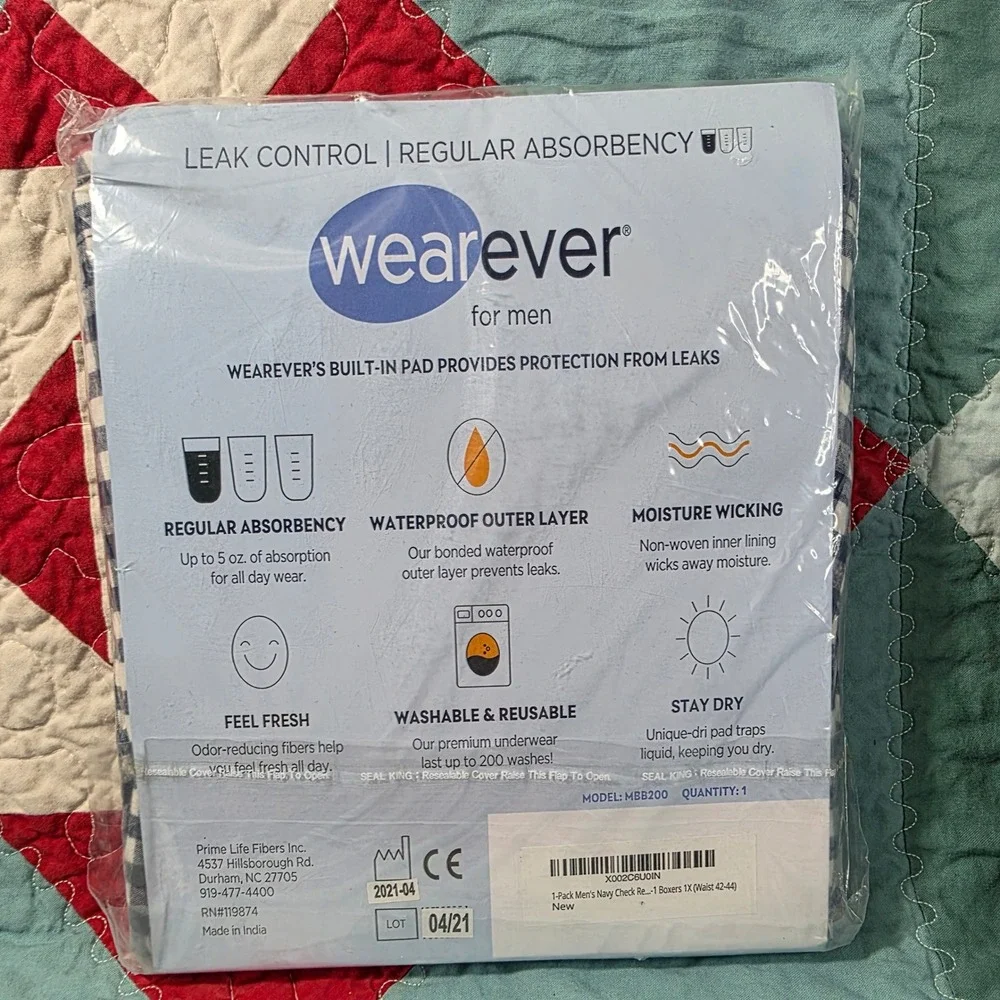 Wearever Leak Control Underwear Men 1X Navy Check Incontinence Reusable Boxers